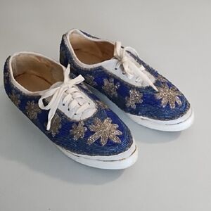 Vintage Blue & Grey Beaded Sneakers Leather White accents & Tongue